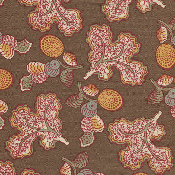 Store blade på brun bund  - Antique Welsh Chintz af Antique Textiles Company London